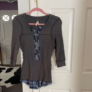 We The Free Charcoal and Navy Plaid Blouse